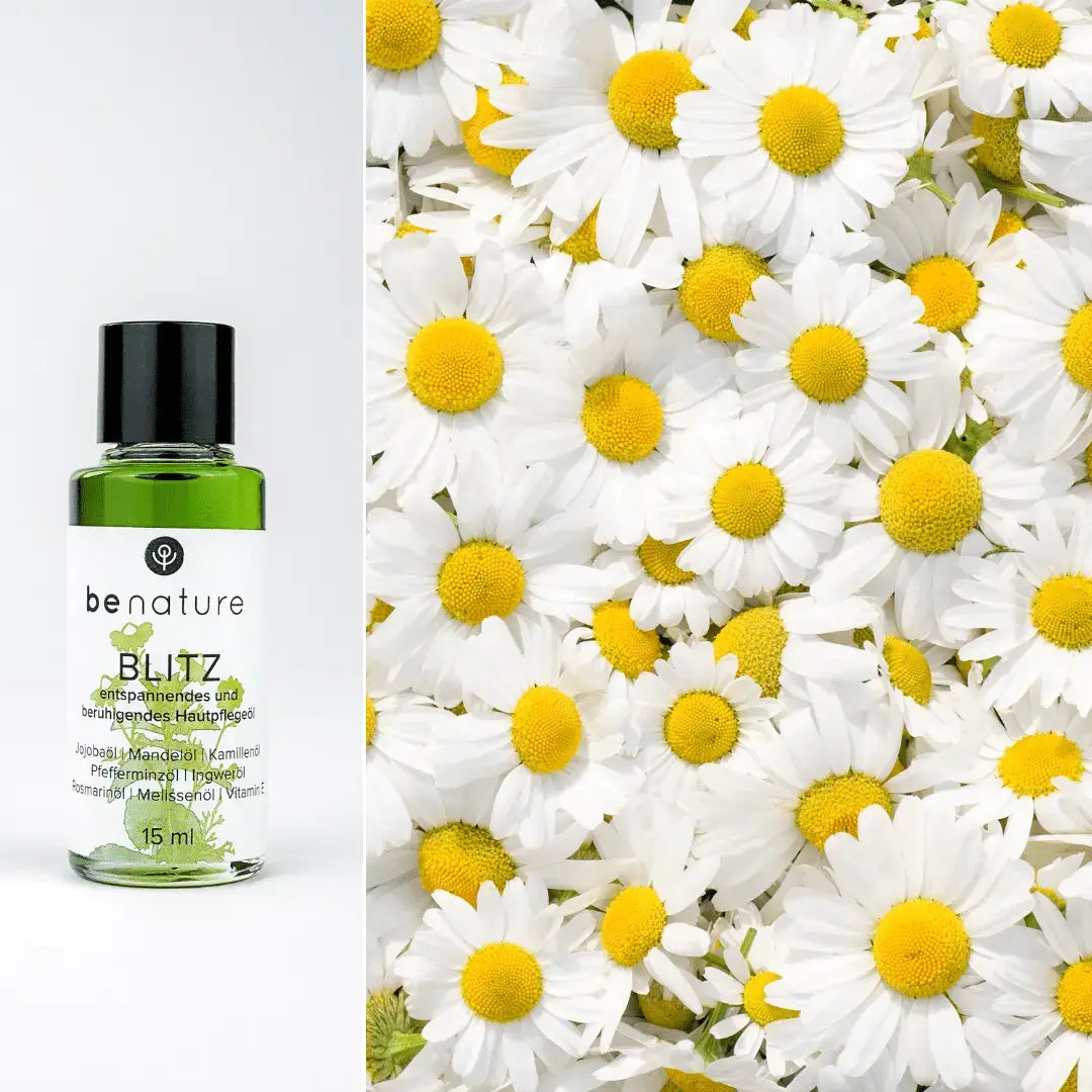 benature Naturkosmetik: Blitz Hautöl zur Unterstützung bei Kopfschmerzen mit Kamille, Pfefferminze und Ingwer.
