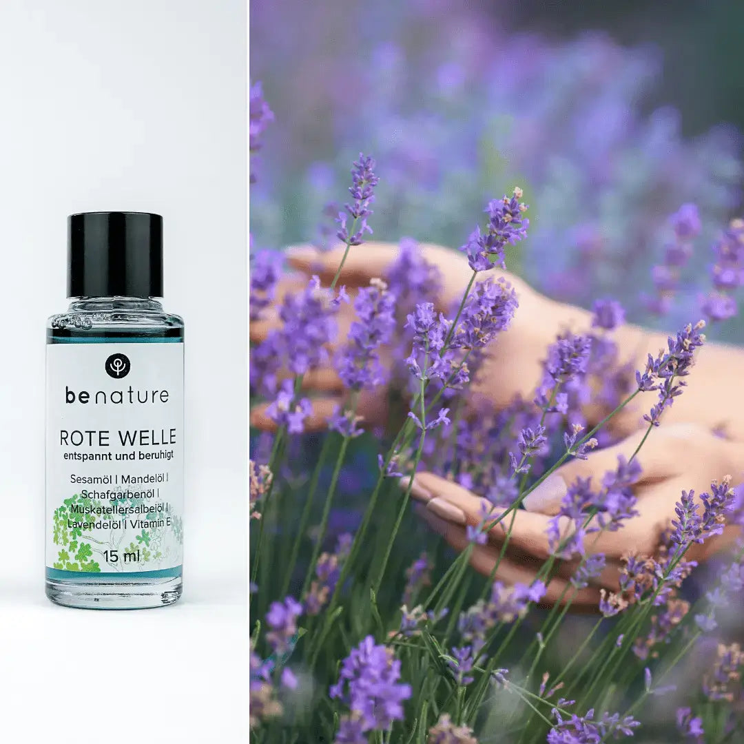 benature Naturkosmetik: Rote Welle Hautöl zur Unterstützung bei Menstruationsbeschwerden mit Schafgarbe und Lavendel.
