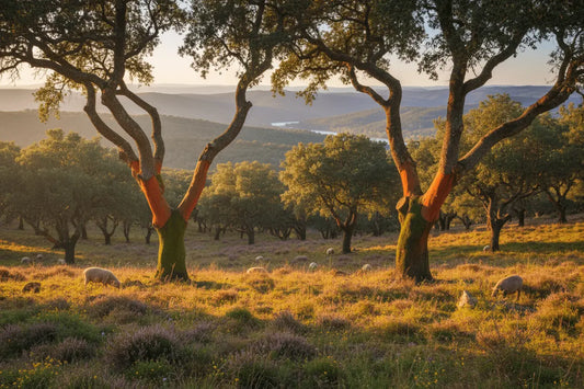 Korkeichen in weitläufiger Landschaft mit Schafen und Weitblick auf Berge und Fluss