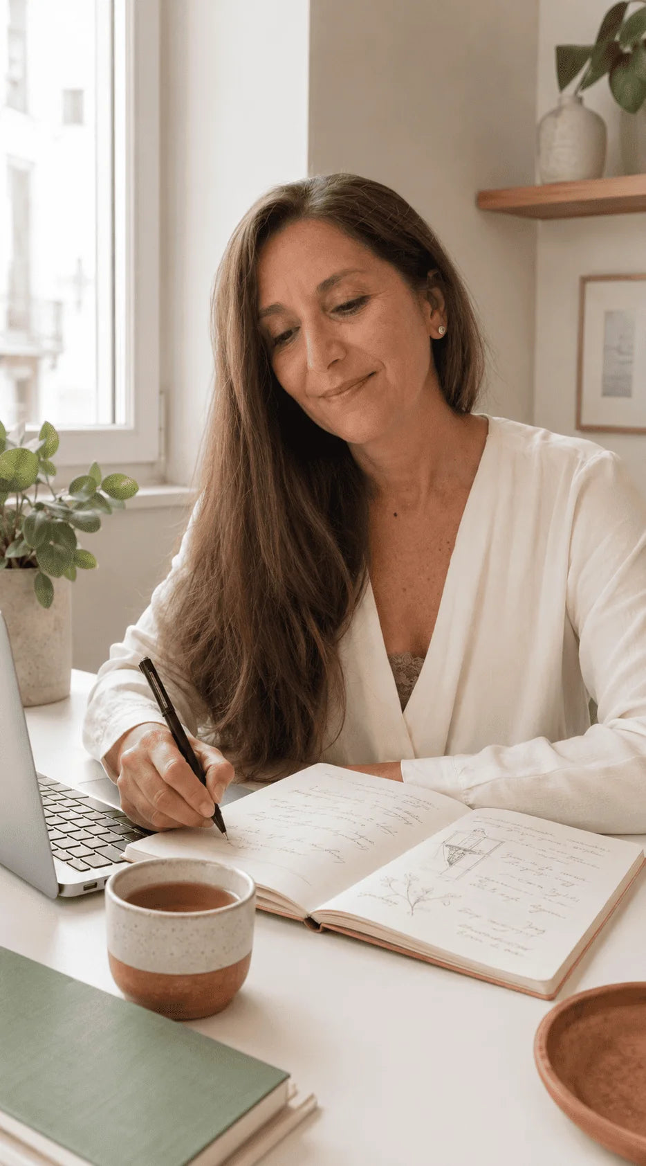 Isabella Summo, Gründerin von vivatrue sitzt am Schreibtisch und arbeitet an spannenden Entwicklungen und Beiträgen.