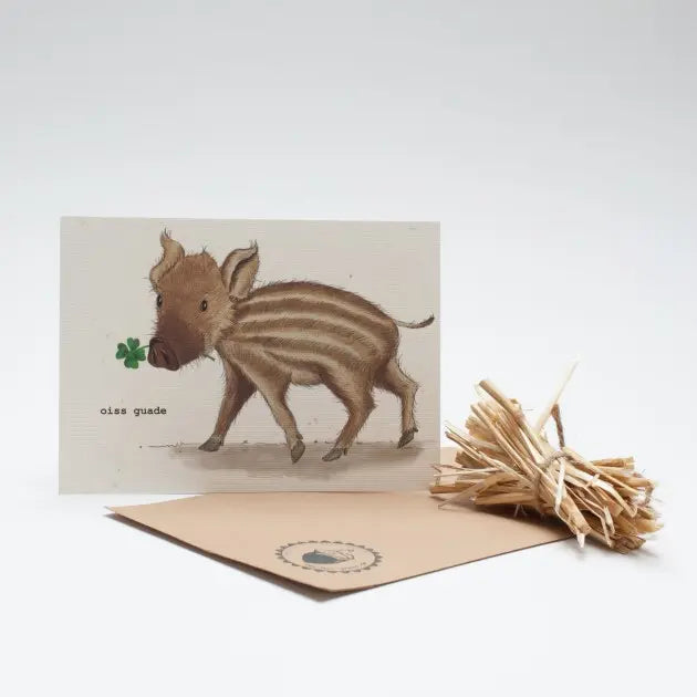 Postkarte mit bayrischem Gruß Ois guade, Glücksferkel mit Kleeblatt - handgemalt auf Strohpapier