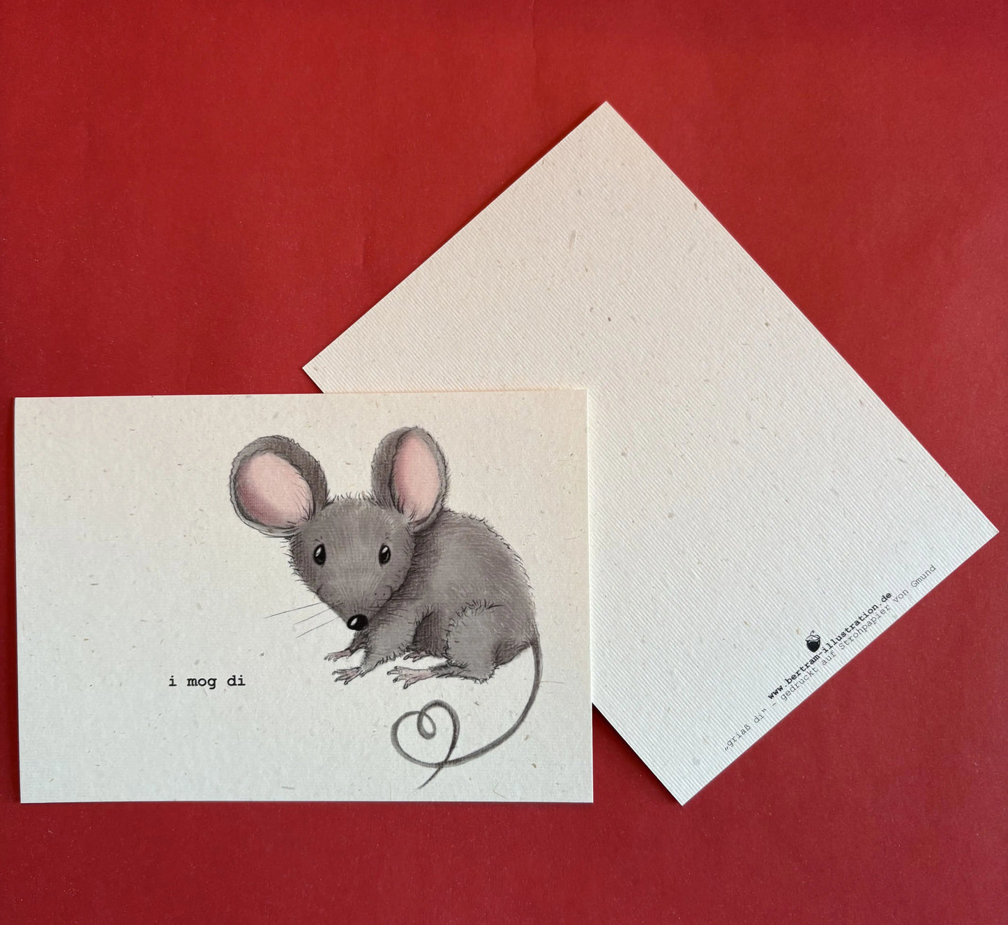 Postkarte-mit bayrischem gruß von der maus "I mog di"-handgemalt-auf-Strohpapier