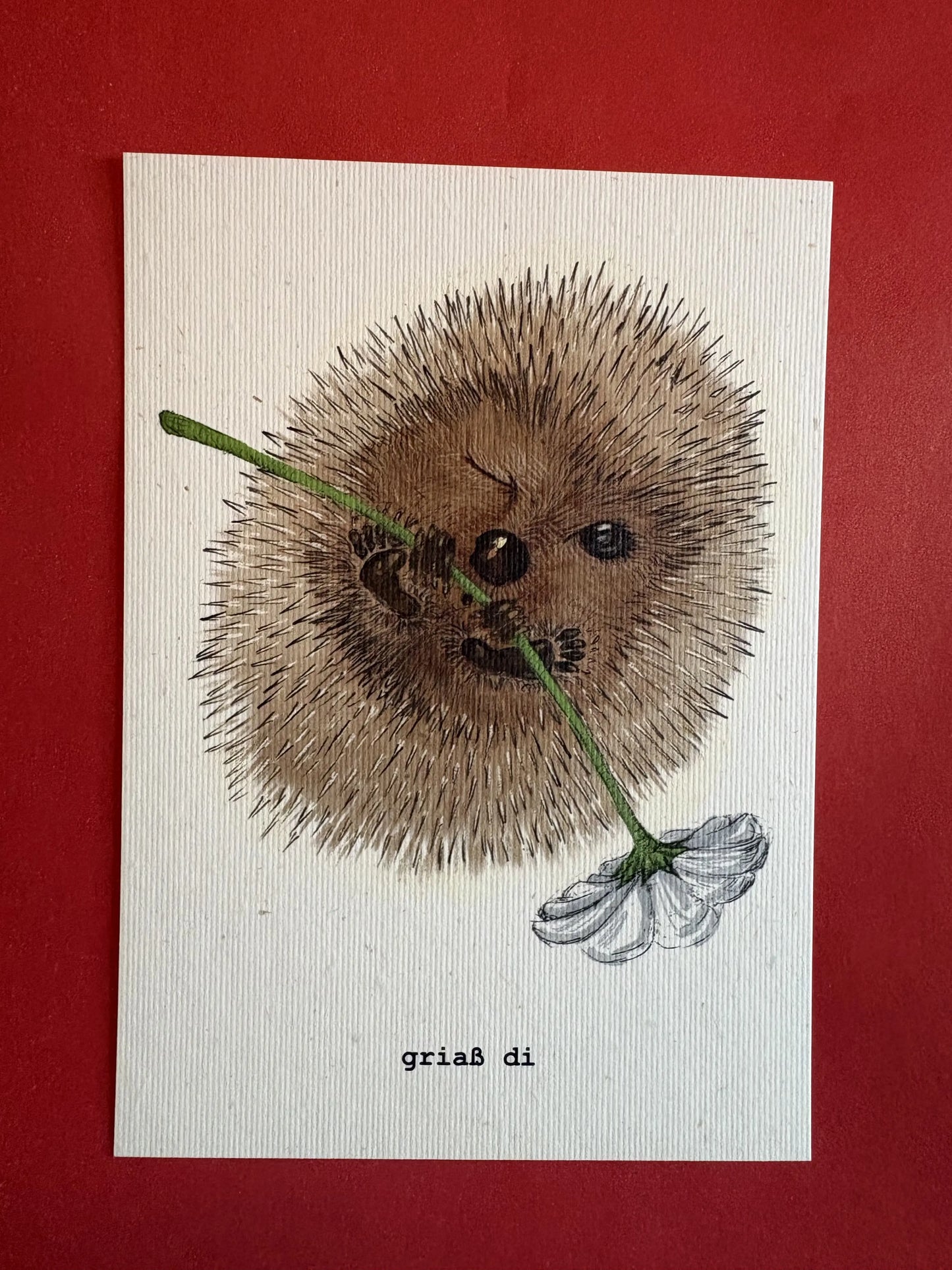 Postkarte-mit bayrischem gruß Grias-di Igel mit Blume-handgemalt-auf-Strohpapier, Vorderseite