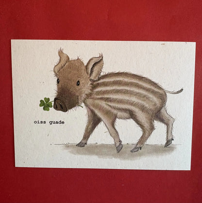 Postkarte-mit bayrischem gruß Ois-guade-Gluecksferkel-mit-Kleeblatt-handgemalt-auf-Strohpapier-ohne-kuvert