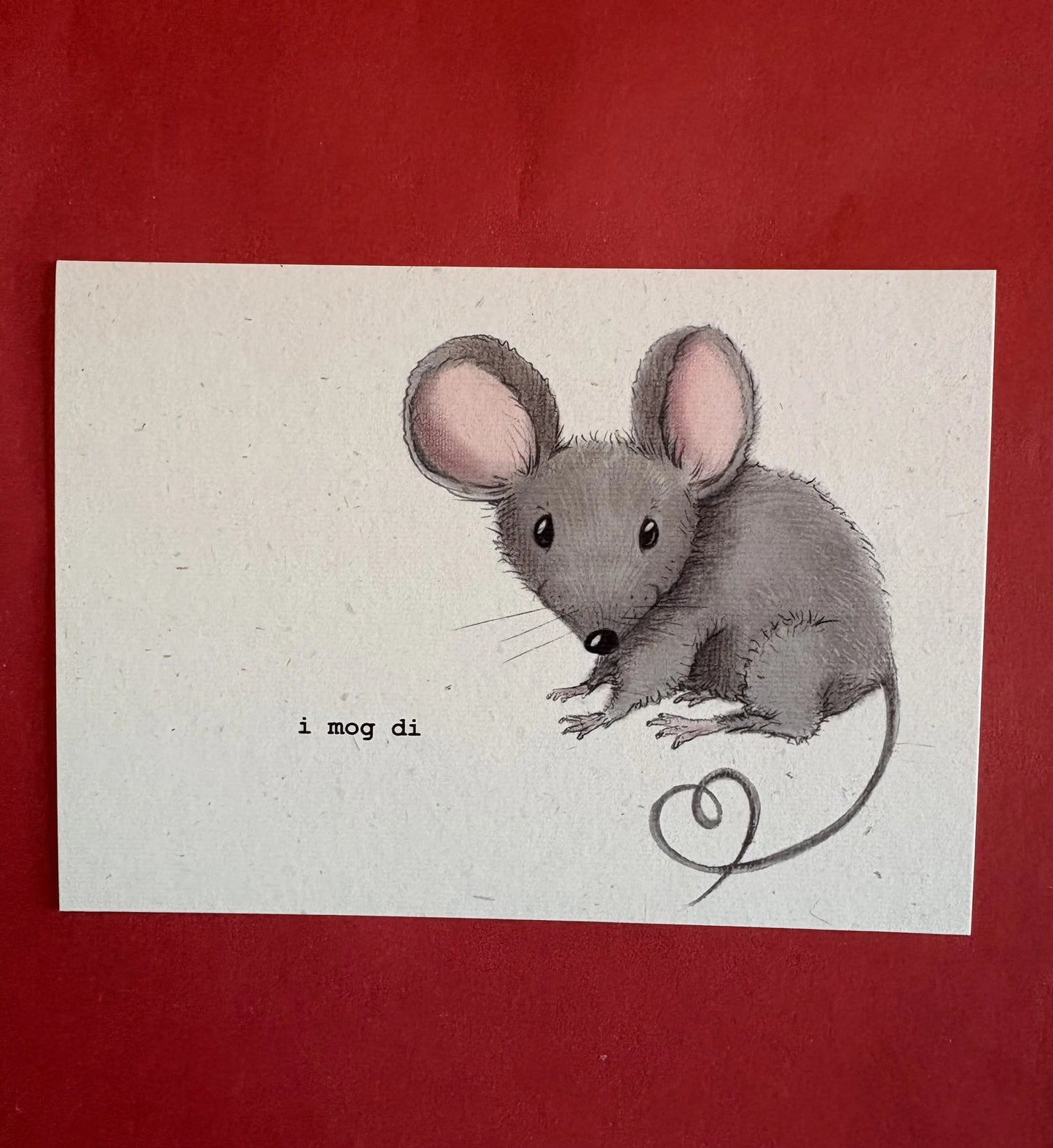 Postkarte-mit bayrischem gruß von der maus "I mog di"-handgemalt-auf-Strohpapier-ohne-kuvert