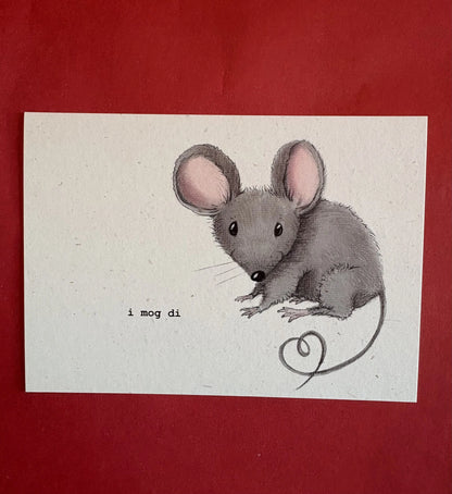 Postkarte-mit bayrischem gruß von der maus "I mog di"-handgemalt-auf-Strohpapier-ohne-kuvert