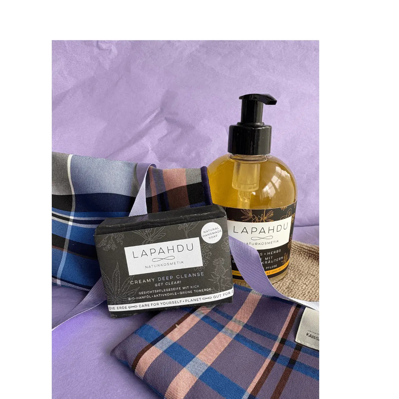 Seifen-Frottee-Beutel-mit naturseife dusch bad und geschenk-beutel kariert-blau-lila-das perfekte geschenk für sie und ihn