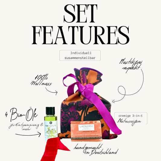 Bio-Geschenkset Fakten: 2 Wellness-Öle, Naturseife, individuell zusammenstellbar, 100% vegan, plastikfrei in Glas, handgemacht