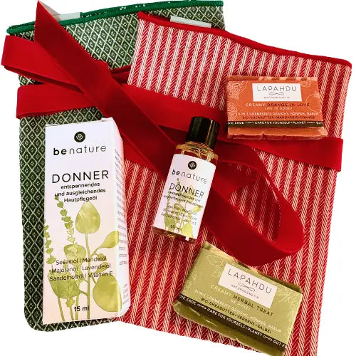 Nachhaltiges Geschenkset: benature Öle, Lapahdu Seife, wiederverwendbarer Beutel